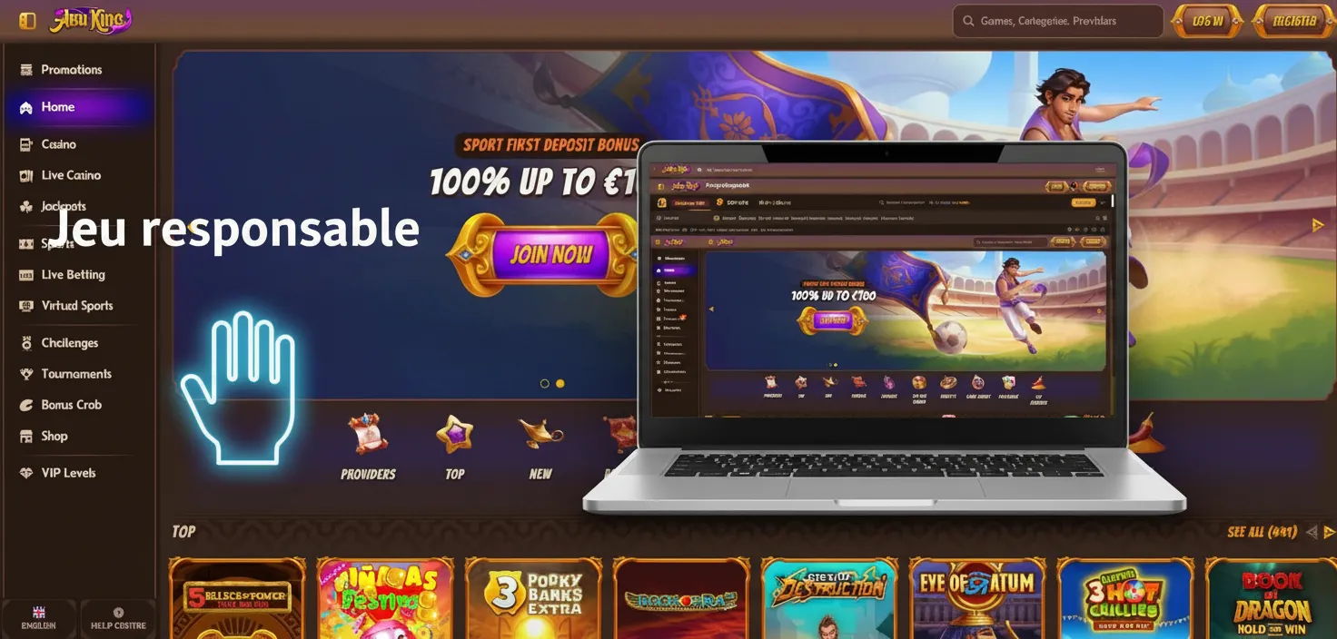 Infographie Jeu responsable avec icônes: limites, rappels, pauses, historique, auto‑exclusion, aide; bien‑être avant tout