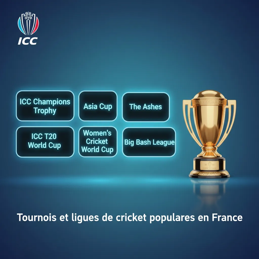 Infographie des tournois de cricket populaires en France: Coupe du monde, T20 WC, Ashes, IPL, BBL, PSL, The Hundred.