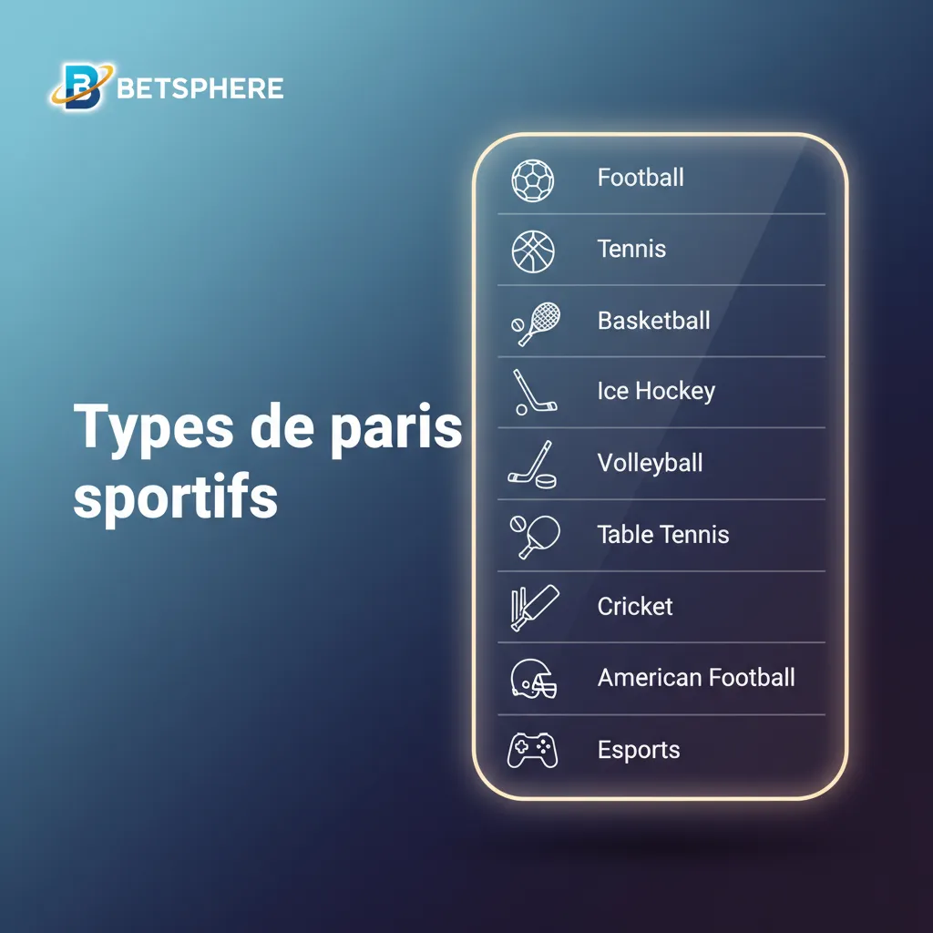 Infographie des types de paris sportifs: football, tennis, rugby, basket, cyclisme; marchés 1X2, handicaps, joueurs.
