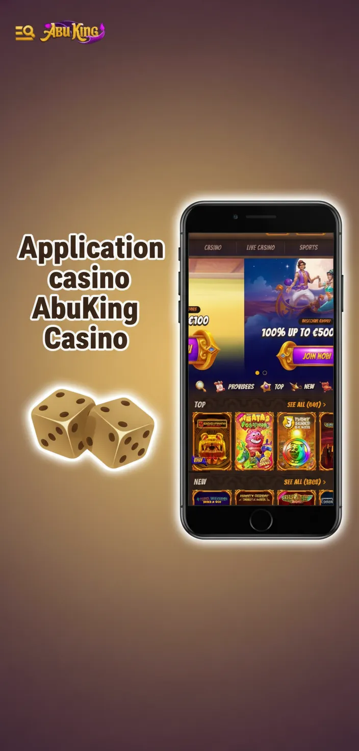 Écran de l’app AbuKing Casino: live, paris et casino; machines à sous, roulette, blackjack, croupiers en direct, bonus.
