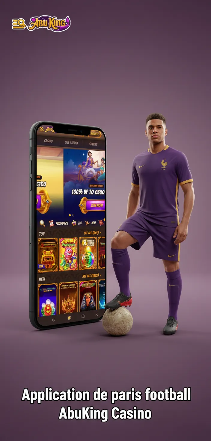 Écrans iOS et Android montrant l’app AbuKing Casino pour paris football, cotes en direct, Cash Out et alertes de buts.