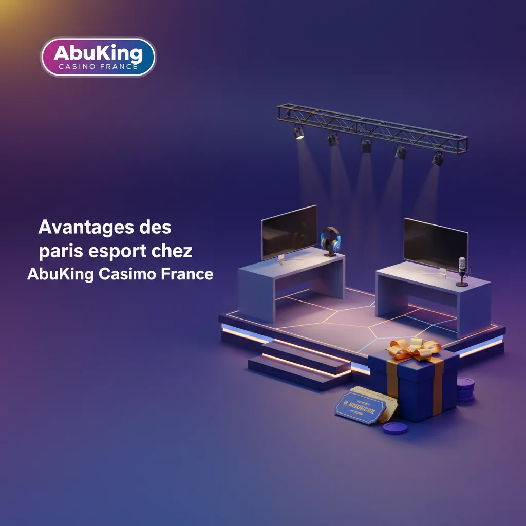 Infographie des avantages des paris esport AbuKing France: cotes compétitives, bonus, paiements locaux, support 24/7, app.