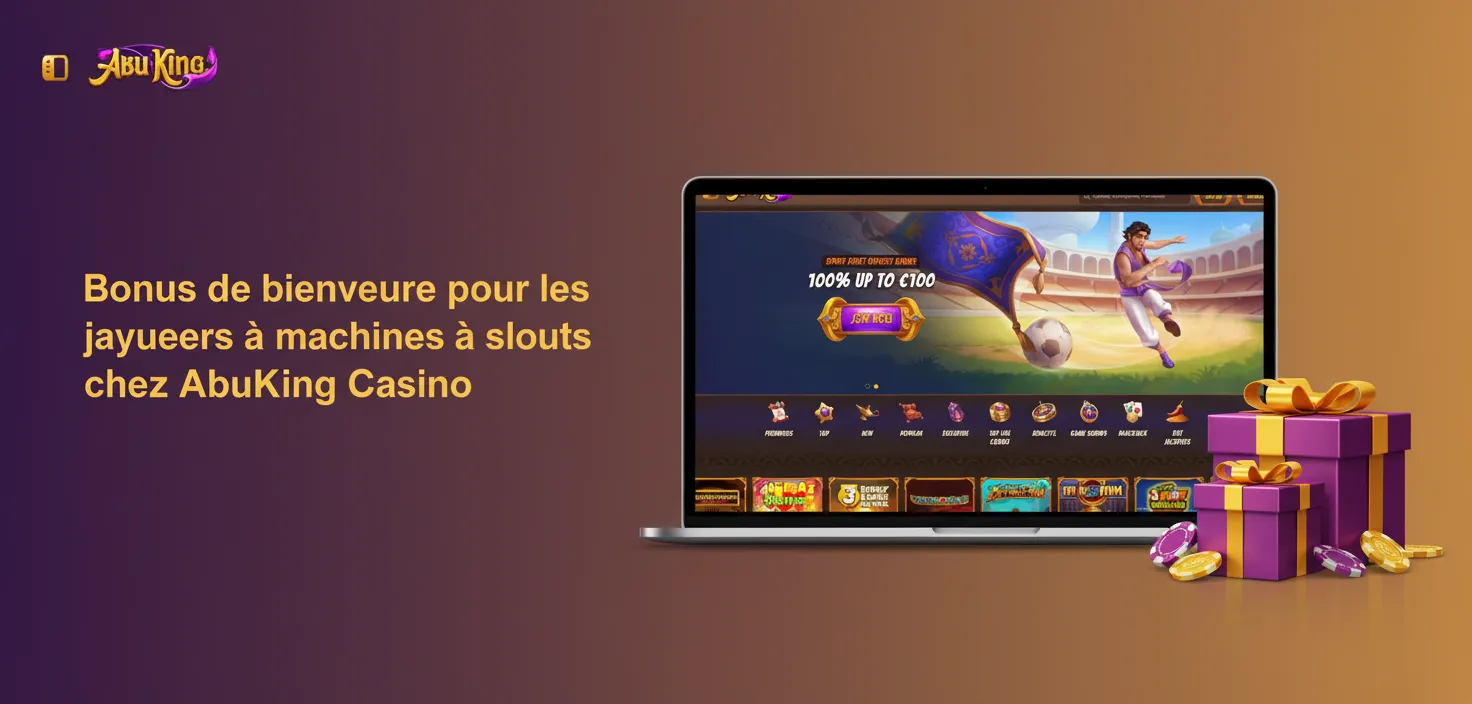 Bannière AbuKing Casino: bonus de bienvenue 100% jusqu’à 500 € + 200 tours gratuits sur machines à sous.