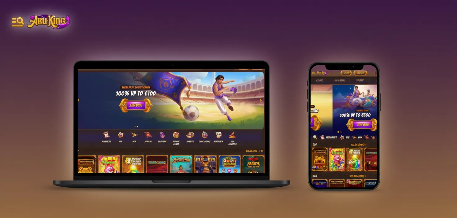 Interface AbuKing Casino France: menu Sports, Live, eSports, Casino, Live Casino; Connexion, Inscription, recherche, panier.