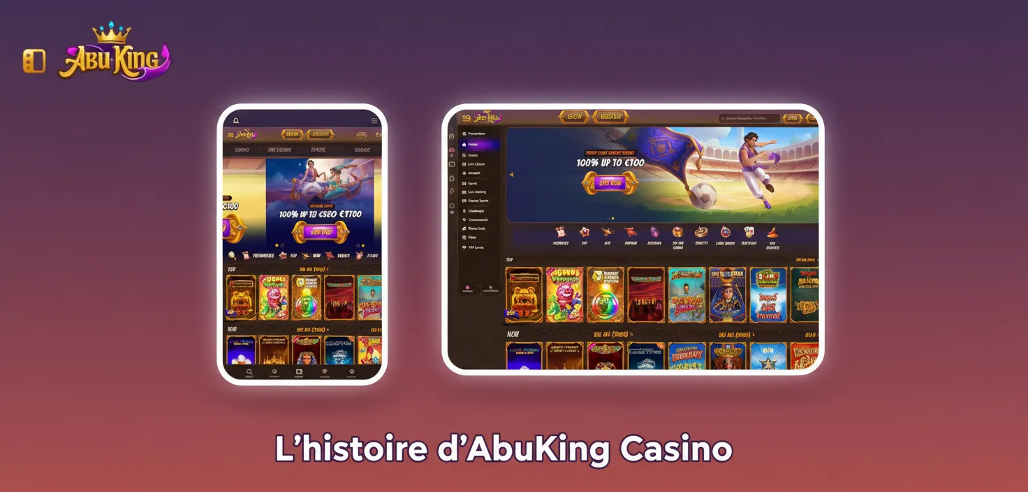 Infographie: Histoire d’AbuKing Casino, fondé en 2020; licence Curaçao, siège à Malte, croissance mobile et offres claires.