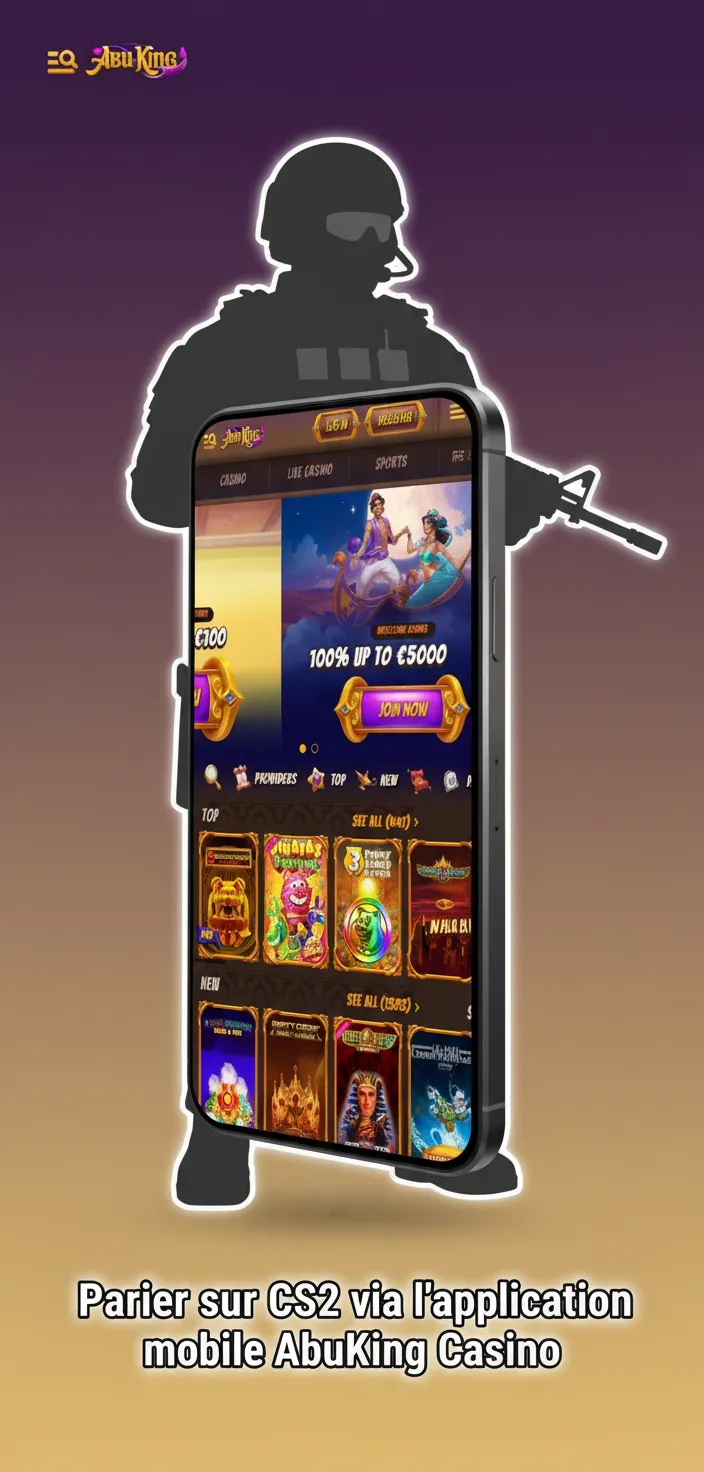 Écran de l’app mobile AbuKing Casino pour parier sur CS2, cotes en direct, cashout, notifications, iOS/Android.