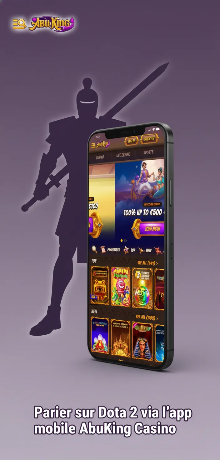 Écran de l’app AbuKing Casino: paris Dota 2, cotes live, alertes et suivi des scores sur smartphone.