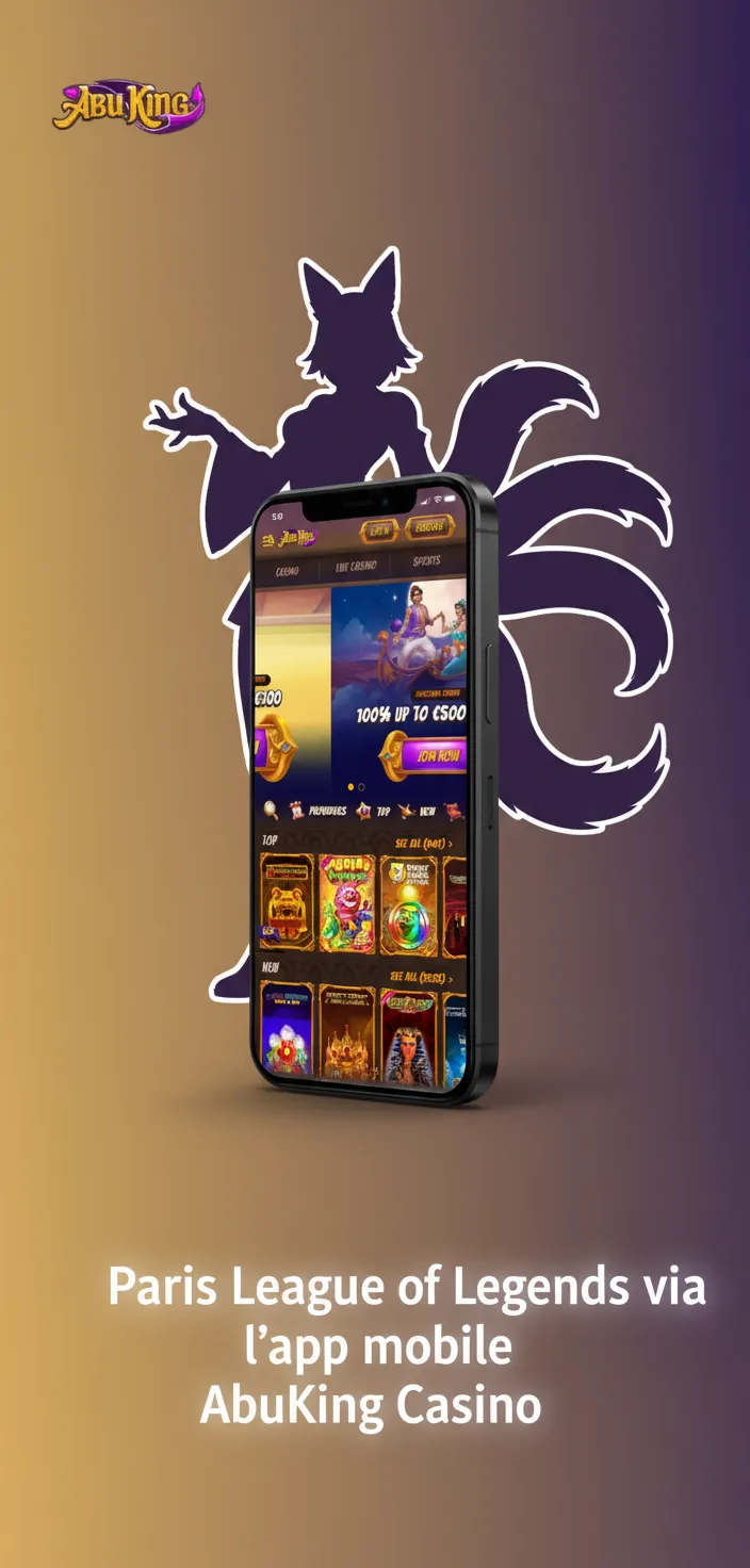 Écran de l’app mobile AbuKing Casino affichant paris sur LoL, cotes en direct et ticket de mise.