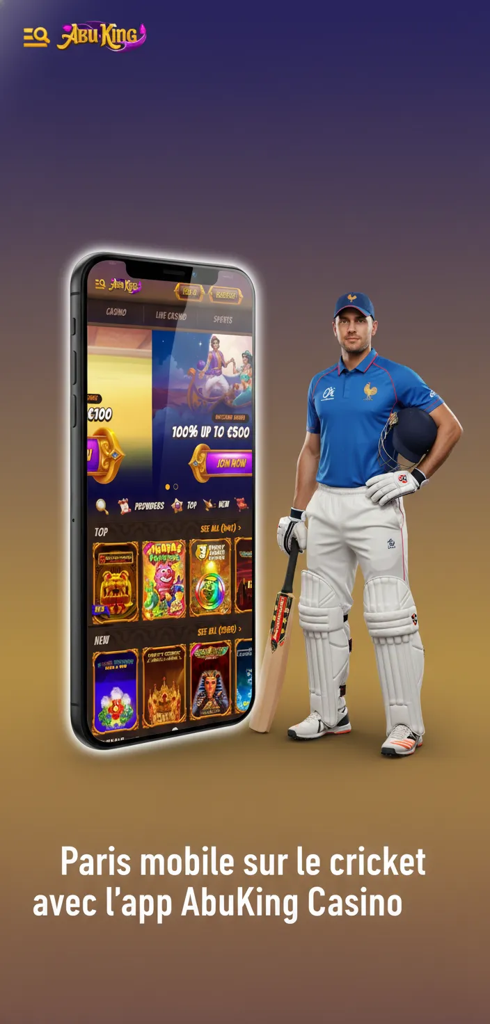 Smartphone avec l’app web AbuKing Casino pour paris cricket, Ajouter à l’écran d’accueil et cotes en direct.
