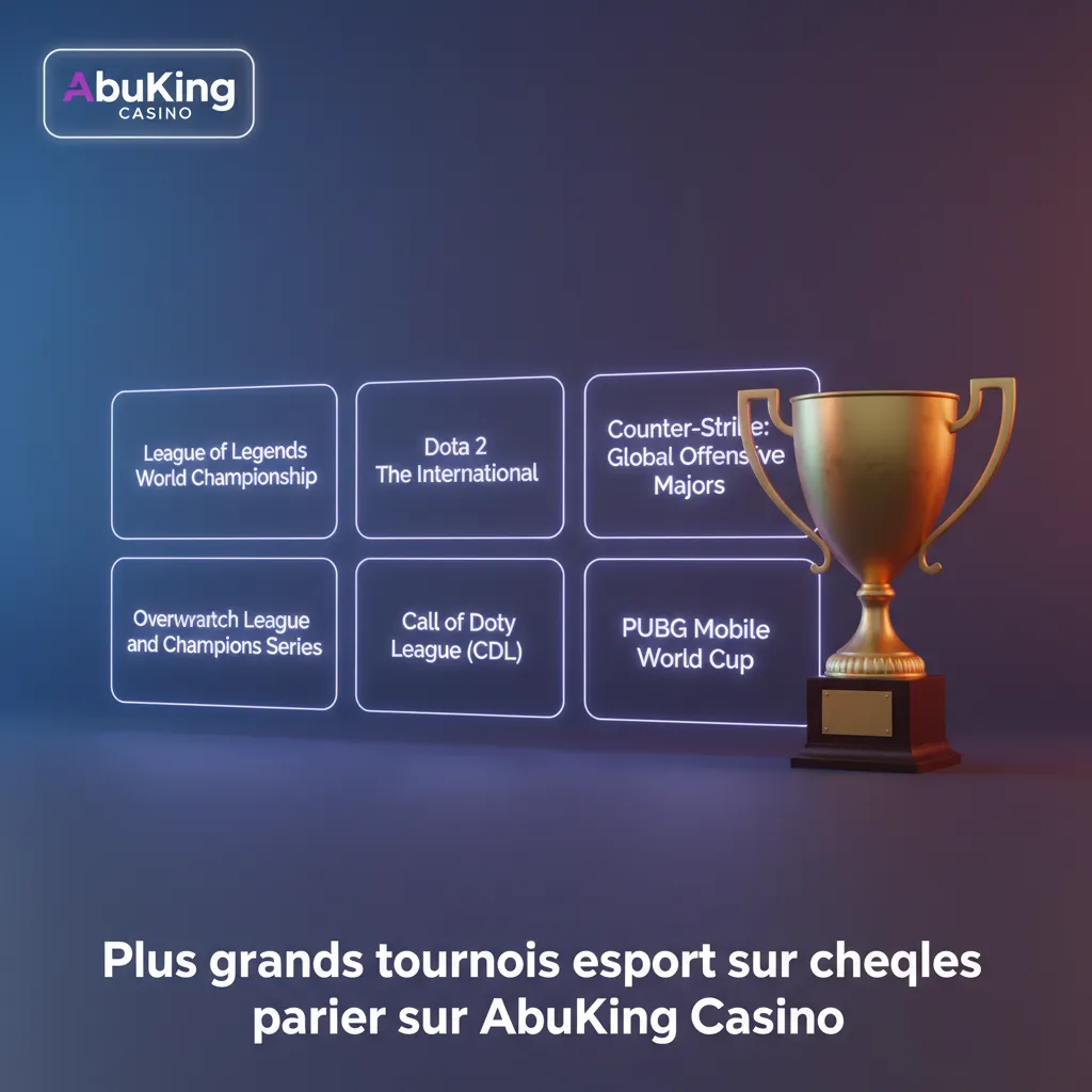 Liste des grands tournois esport pour parier sur AbuKing Casino: CS2, Dota 2, LoL, Valorant, SC2, R6, EA FC 24.