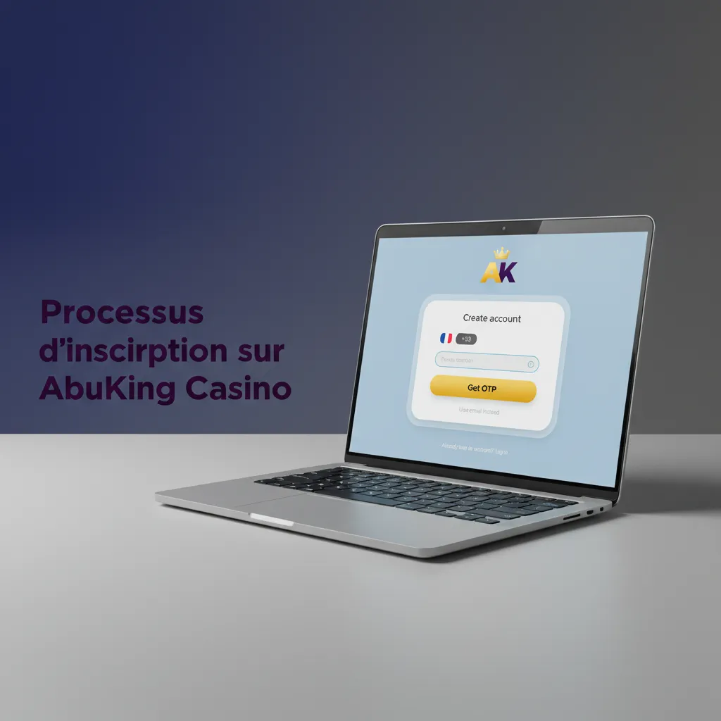 Infographie du processus d’inscription AbuKing Casino: S’inscrire, coordonnées, profil, préférences, e‑mail, dépôt/bonus.