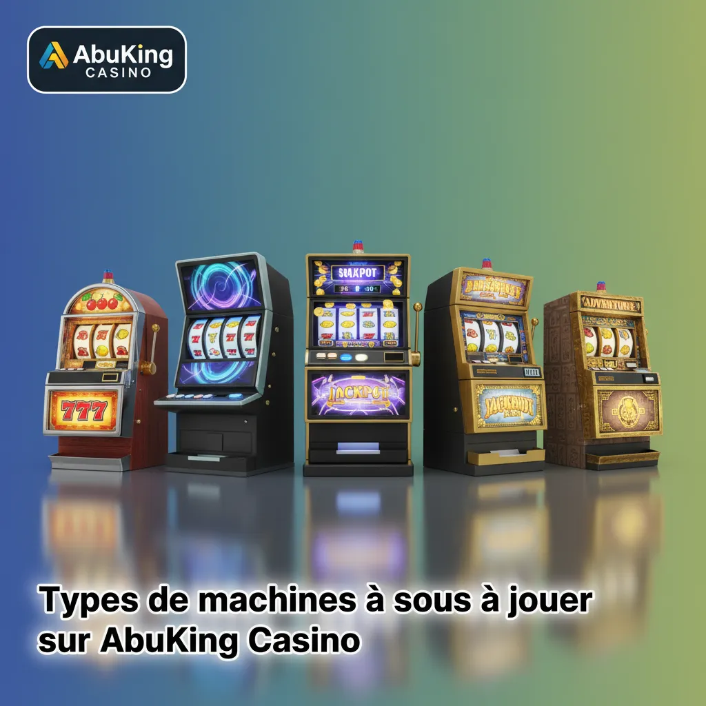 Aperçu AbuKing Casino des types de slots: classiques 3 rouleaux, vidéo 5 rouleaux, Megaways, jackpots, cluster, book.